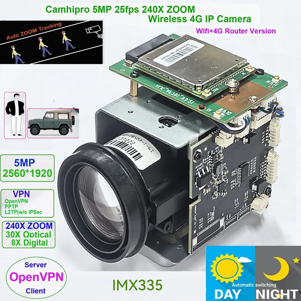 Caméra IP sans fil Camhipro 4G 5MP 25fps 240X ZOOM humanoïde IMX 335 avec enregistreur AP DV sans fi