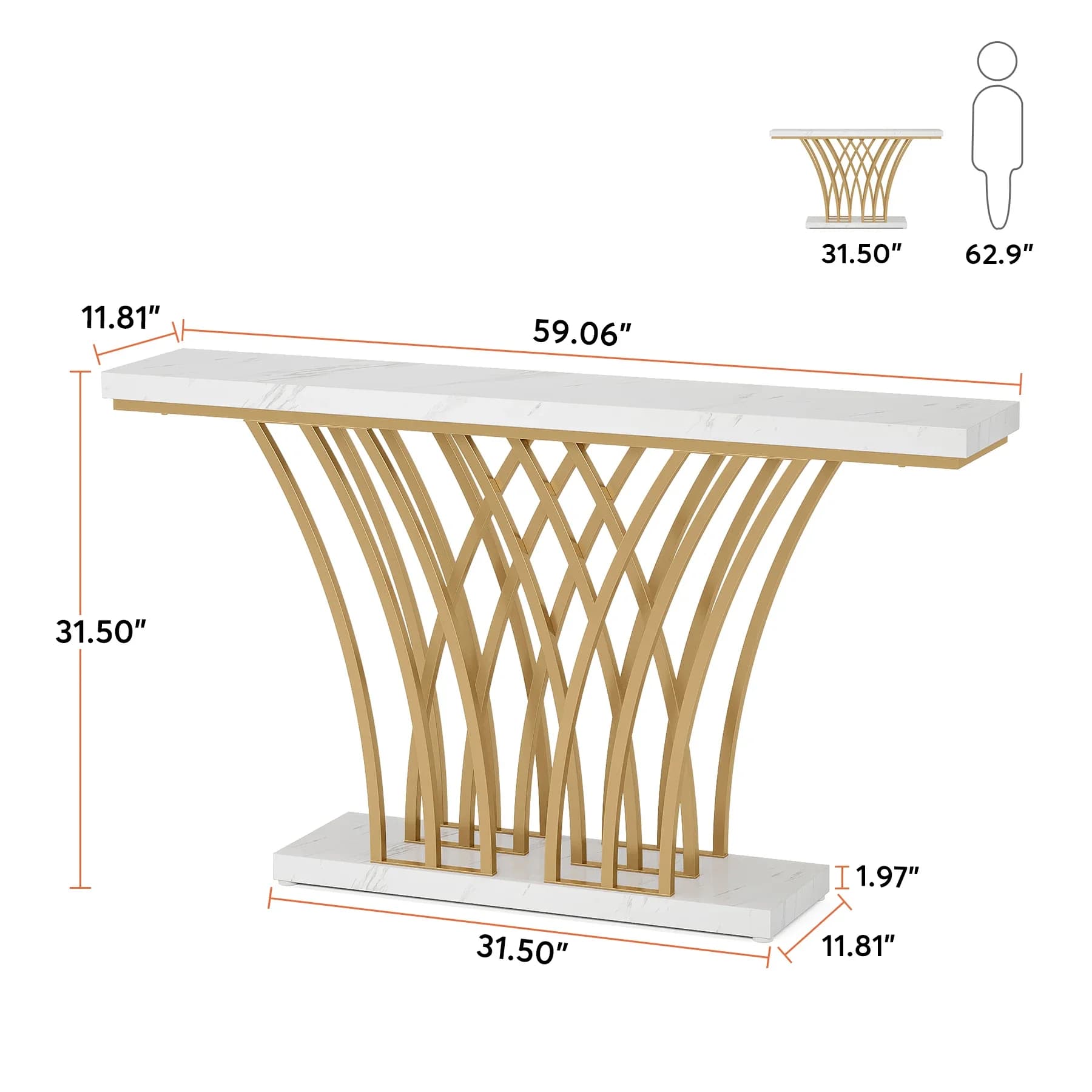 Tribesigns Table console dorée de 59 pouces, table d'entrée moderne avec base en métal en forme de g