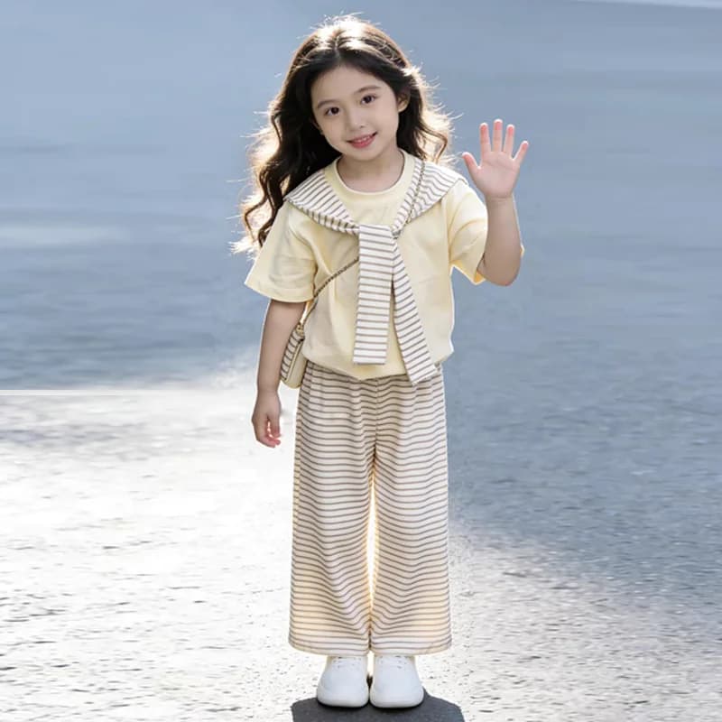 Ensembles d'été pour filles, costume à manches courtes pour enfants, T-shirt à rayures + pantalon à 
