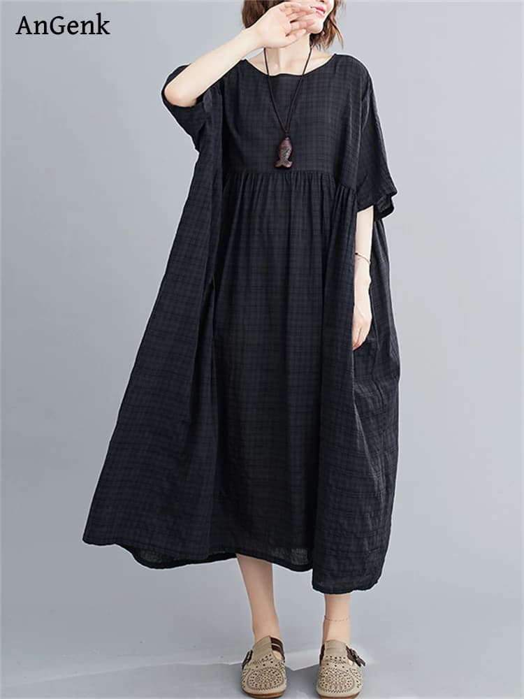 Robe longue décontractée noire en coton vintage à manches courtes et couleur unie pour femme – Colle