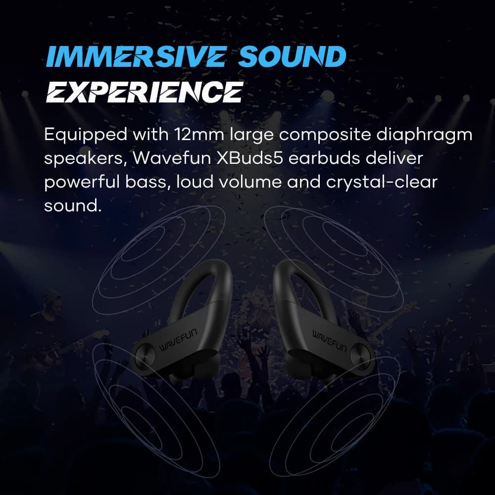 Wavefun-Écouteurs Bluetooth XBuds 5 avec crochet d'oreille, étui de charge 2000mAh, fonction de banq