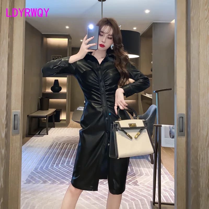 Robe plissée en cuir AudiPU pour femmes, vêtements de station européenne, petite robe de célébrité d