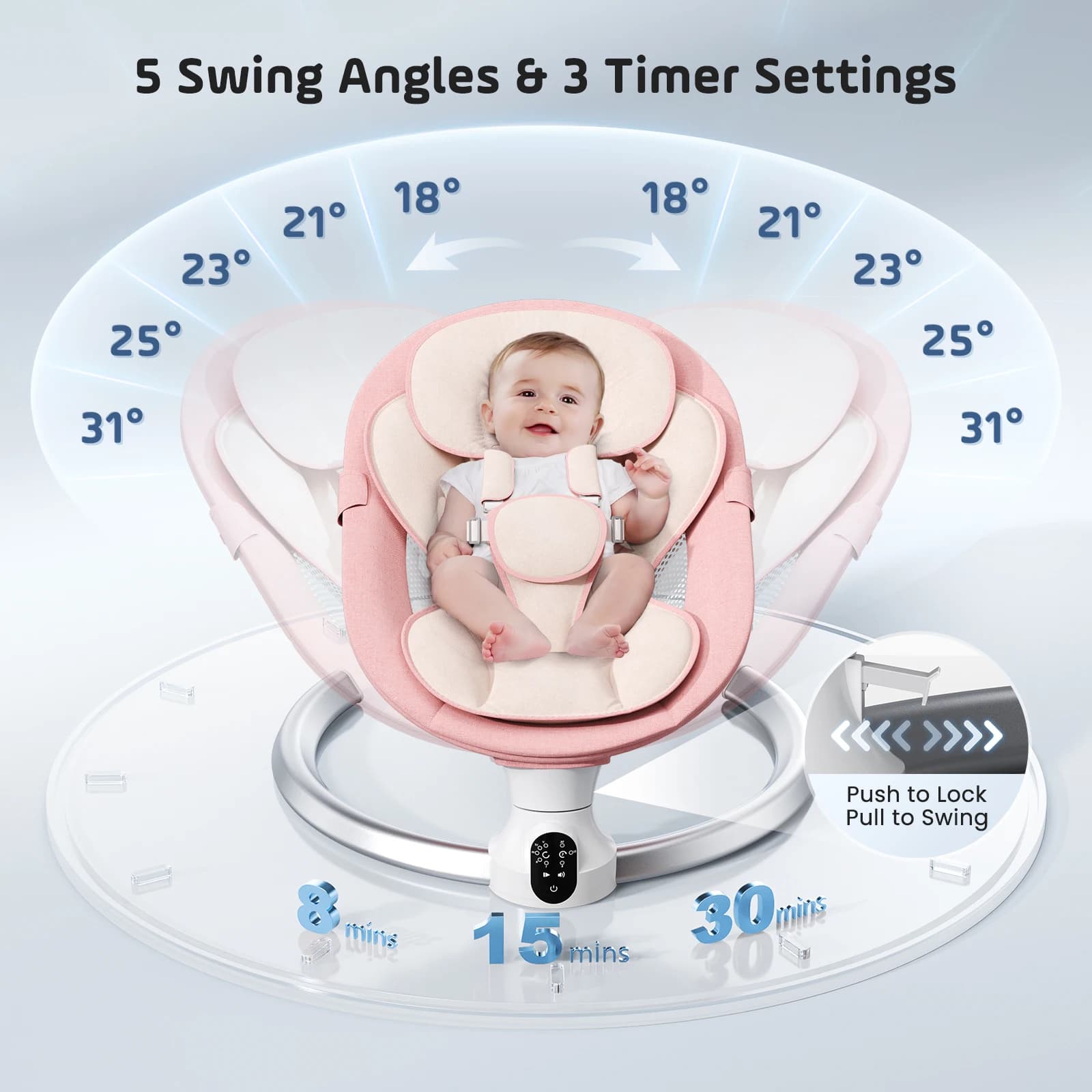 Balançoire électrique pour bébé avec 3 minuteries, application et télécommande Transat, 5 vitesses d