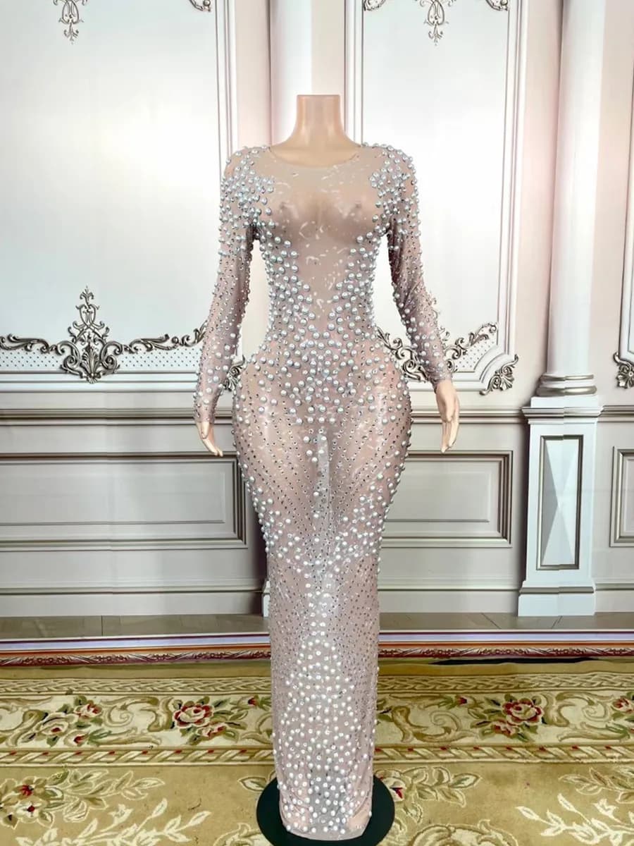 Robe longue rose Sexy pour femmes, strass scintillants, fête d'anniversaire, célébration de chanteur