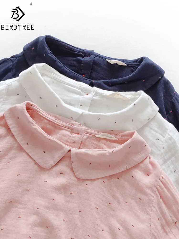 Chemise à manches longues en fil de coton pour femmes, chemisiers décontractés, haut imprimé à rever