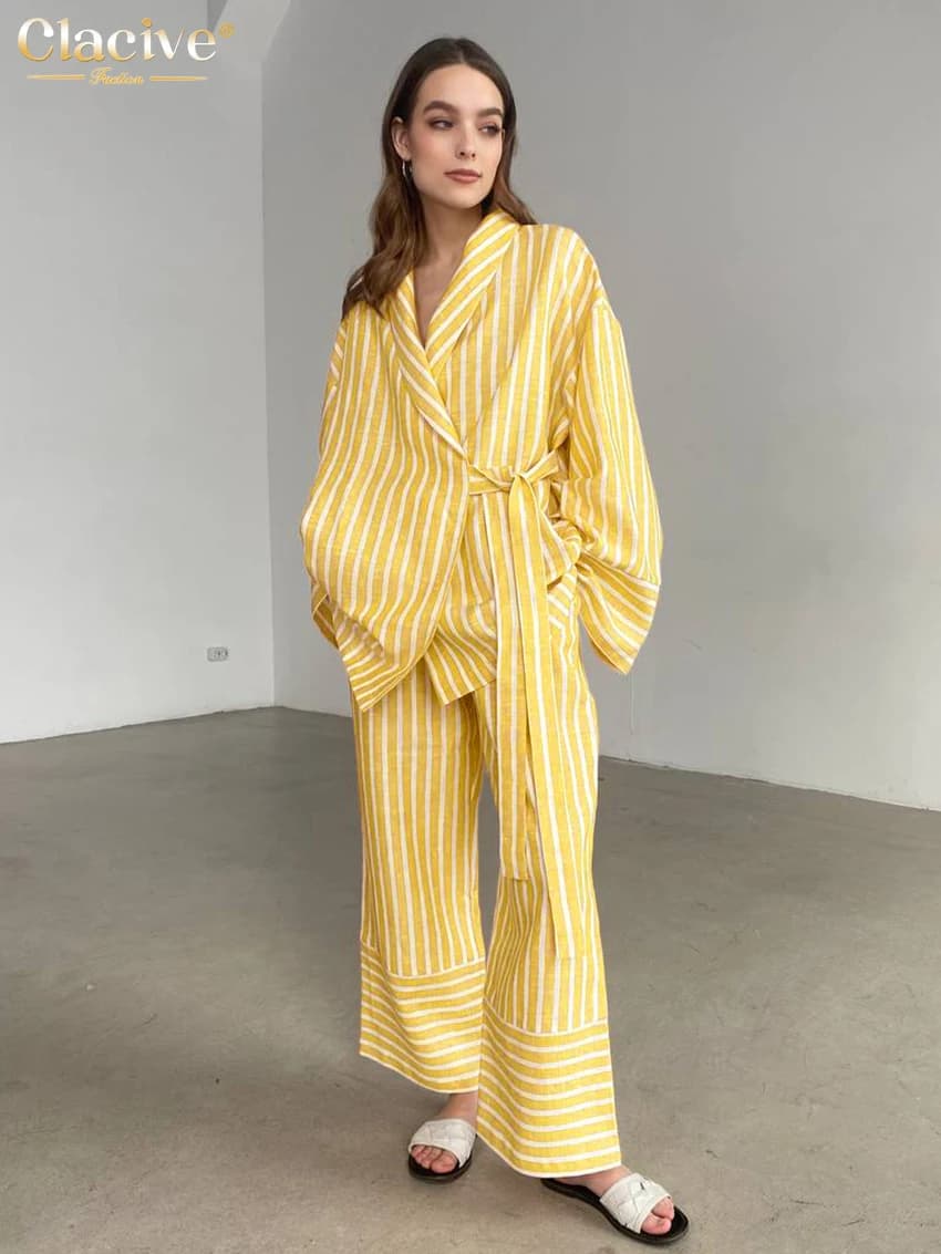 ClacMarkets-Costumes de maison à rayures jaunes décontractés pour femmes, ensemble 2 pièces, chemise