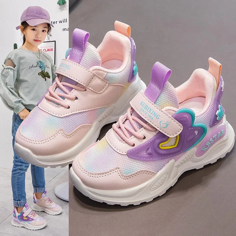 Chaussures de sport pour filles 2026 – Baskets roses respirantes en maille avec motif cœur, adorable