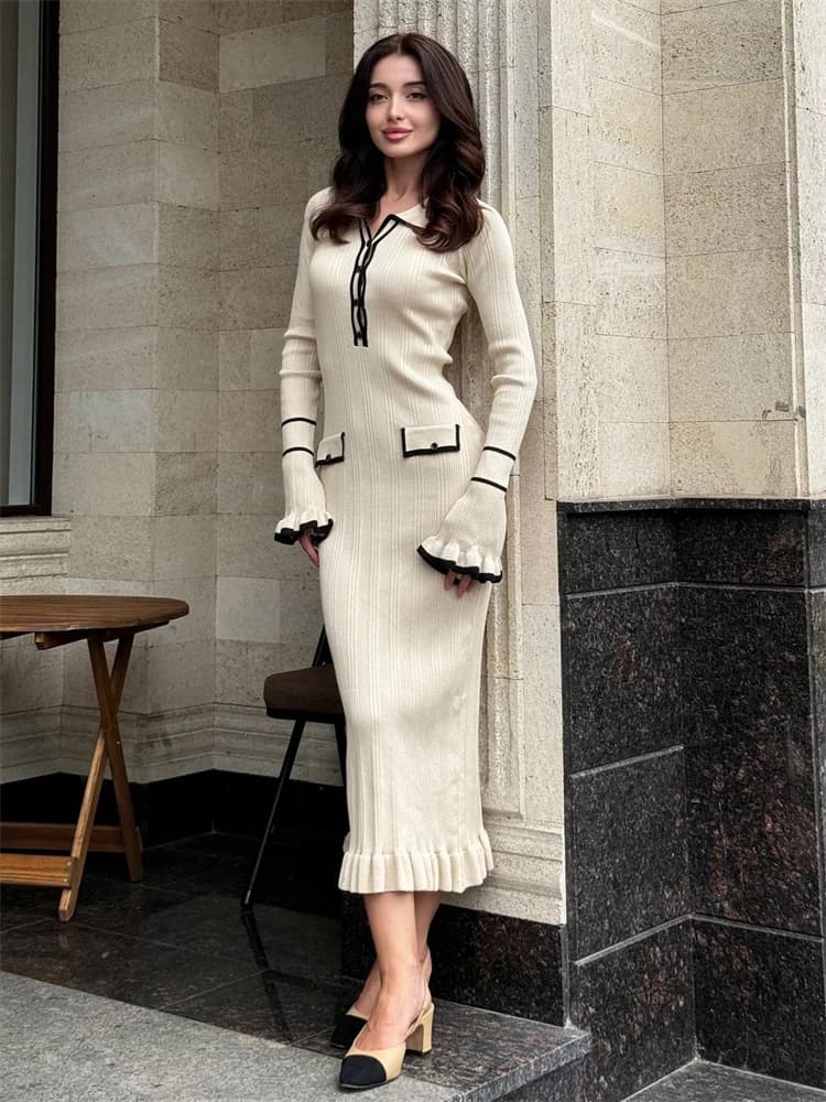 Tossy à volants mode robe en tricot femmes automne côtelé contraste à manches longues taille haute r