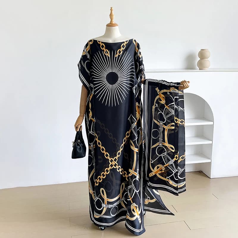 NOUVELLE Robe d'été imprimée tendance avec grande écharpe, Kaftan Dubaï Turquie, Abaya ample musulma