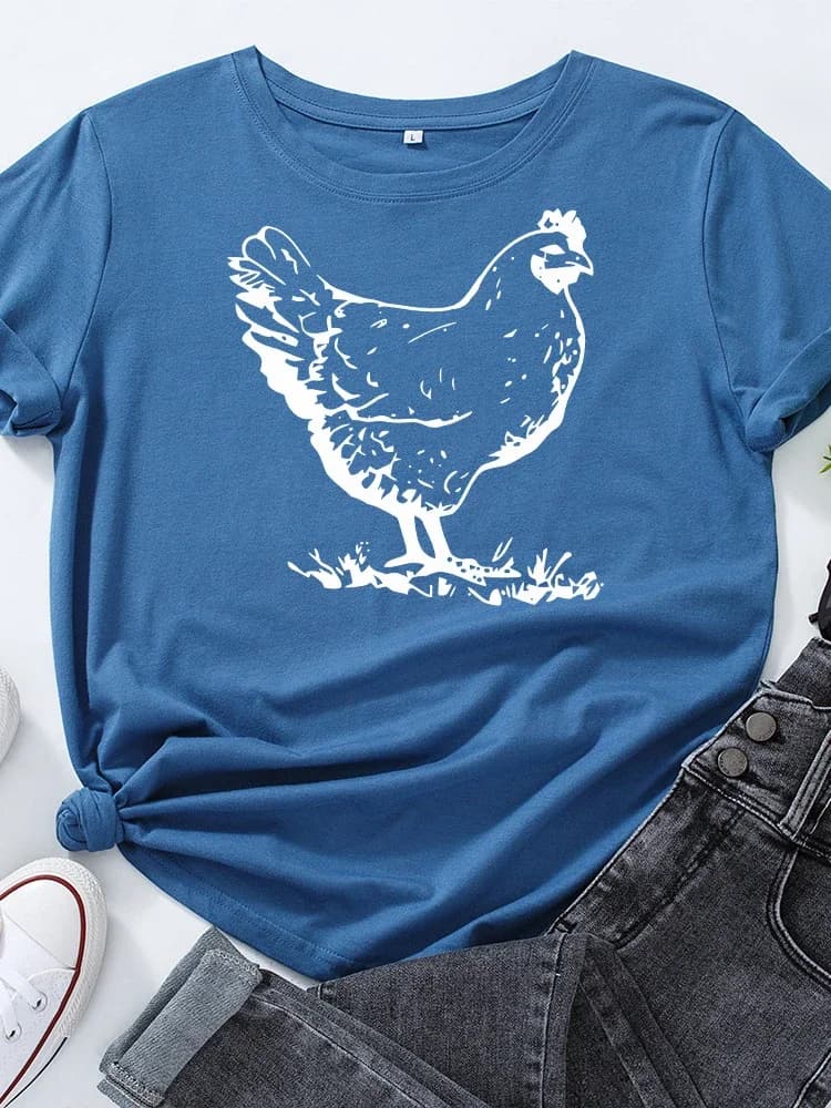 T-shirt manches courtes col rond femme, estival et jetable, avec impression poule blanche