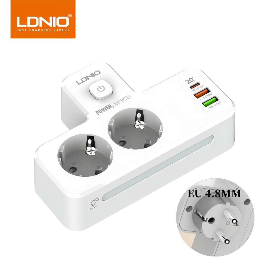 LDNIO-Multiprise européenne, 20W PD, adaptateur d'extension de prise 3 USB 2AC, lampe de nuit tactil