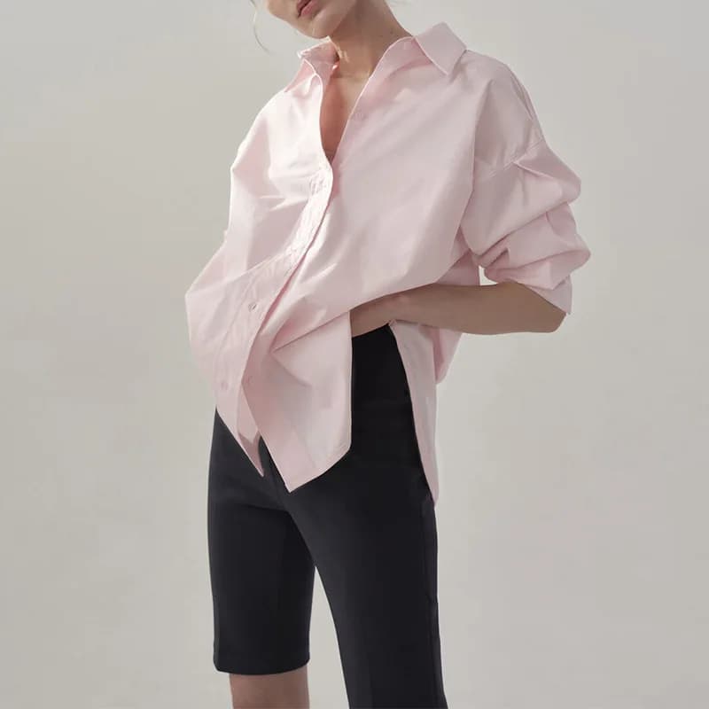 Chemisier rose élégant à manches longues et col rabattu pour femmes, chemises en coton pour femmes, 