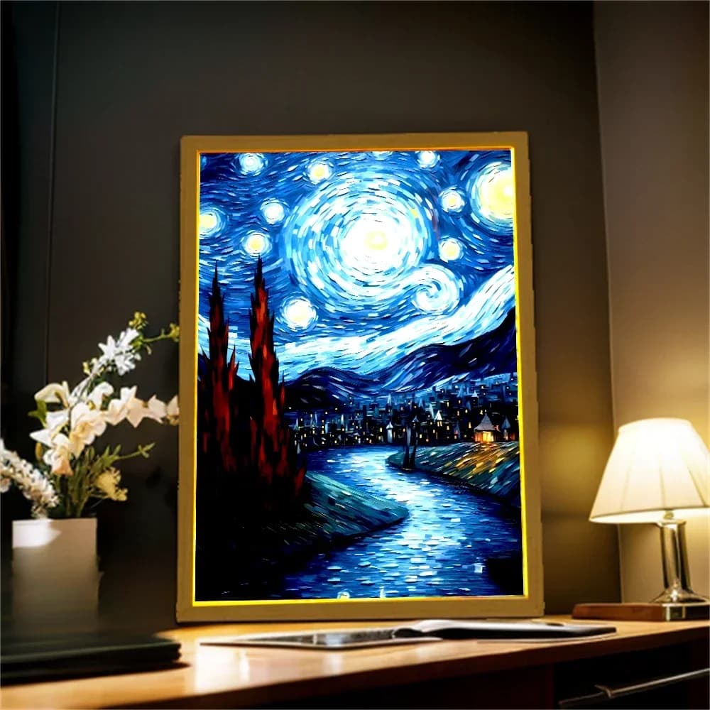 Peinture lumineuse cadre photo Led veilleuse lune lampe Van Gogh ciel étoilé mur Art Oficina chambre