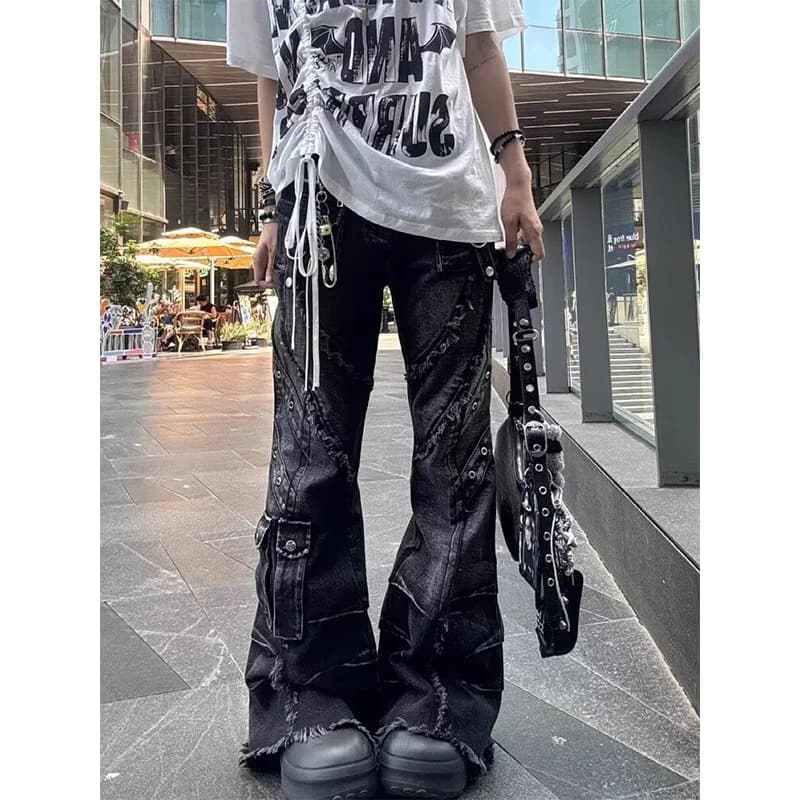 Jean Baggy Évasé Y2K Style Harajuku Japonais pour Femme, Pantalon Cargo Vintage Oversize en Denim Pa