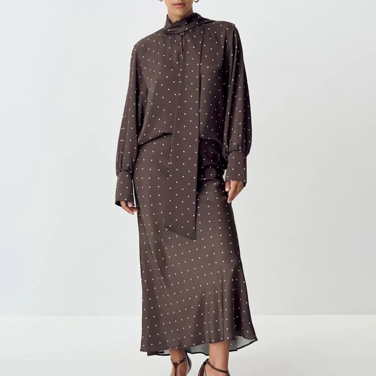 Ensemble jupe deux pièces en Satin imprimé à pois, chemise à manches longues à lacets + jupe mi-long