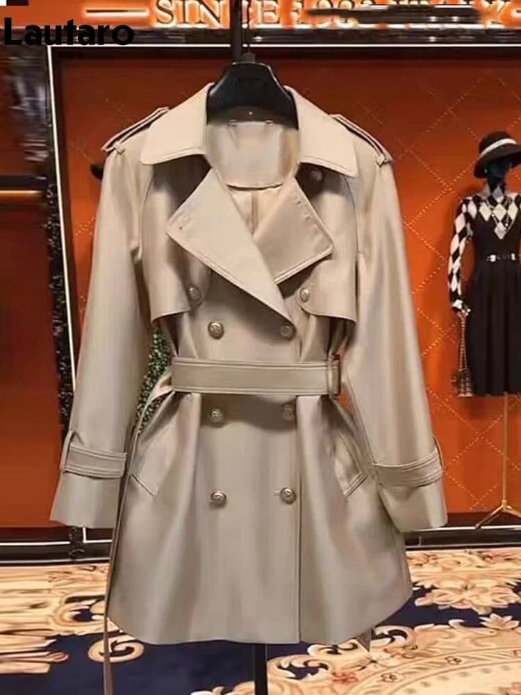 Lautaro-Manteau en satin pour femme, double boutonnage, ceinture, élégant, haute qualité, vêtements 