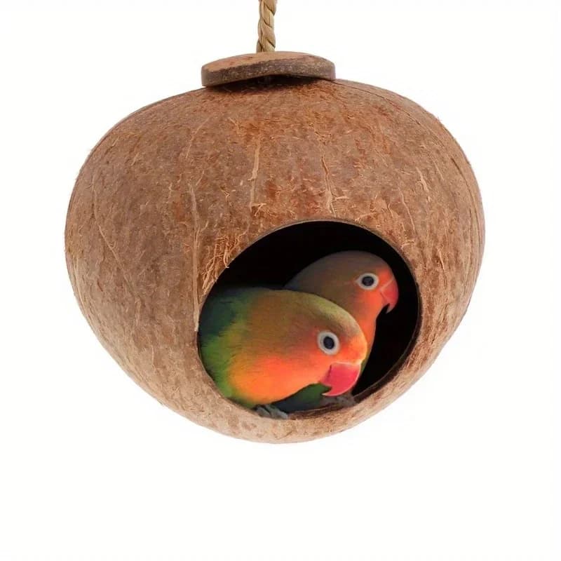 Nid d'oiseau en coquille de noix de coco naturelle, 1 pièce, avec lanière suspendue, pour perroquet,