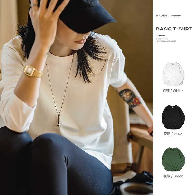 T-shirt Basique à Manches Longues Maden pour Femmes Col Rond Tops en Coton Coupe Lâche Couleur Unie 