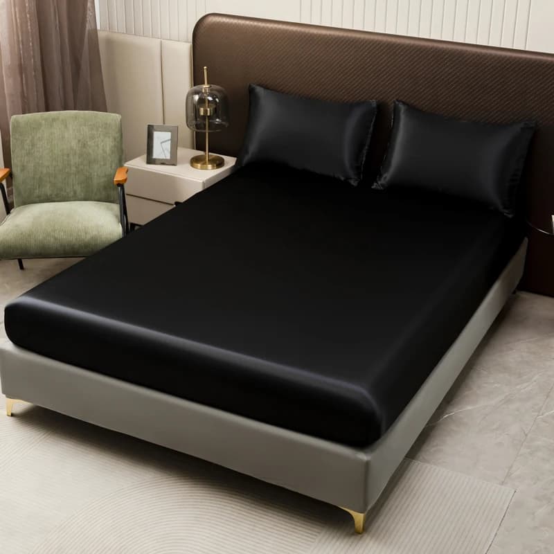 Drap-housse en Satin de couleur unie, housse de matelas double en soie glacée, Queen, naturel avec b