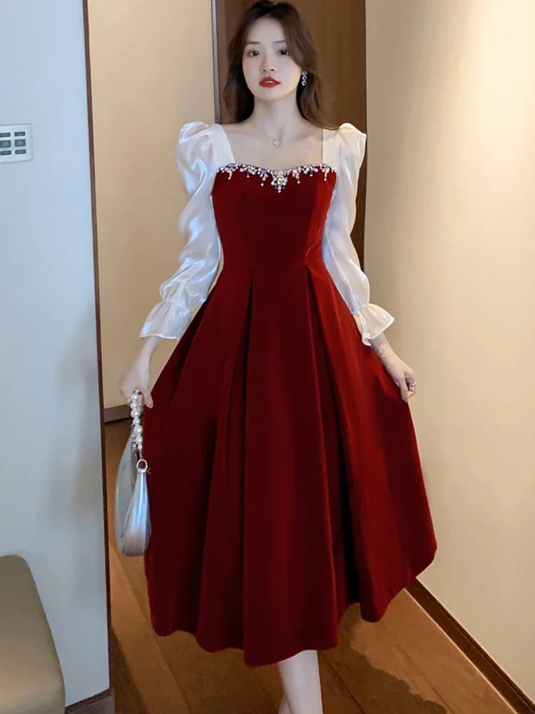 Robe de Soirée Élégante en Satin Velours Rouge 2026 pour Mariage Femme, Robe Moulante à Manches Long