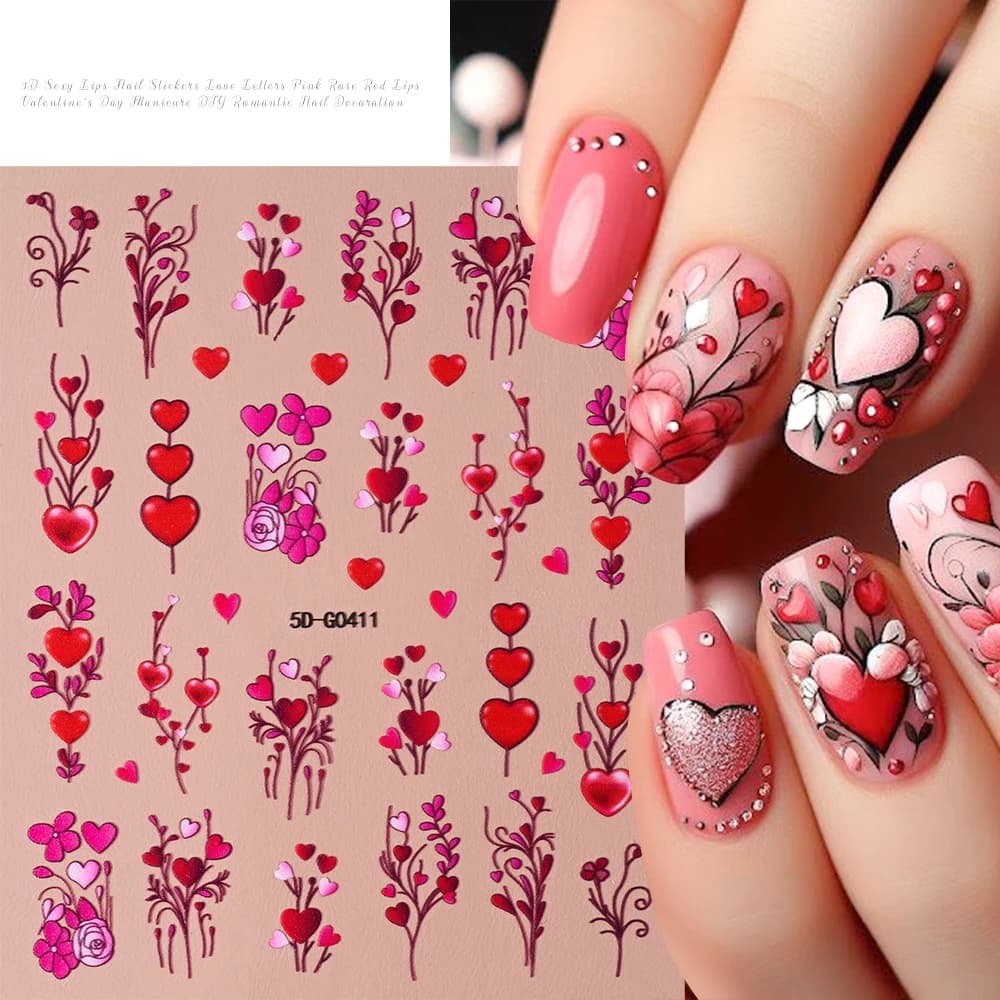 Autocollants 5D en Relief pour Ongles, Lèvres Rouges/Roses, Décalcomanies Romantiques de Luxe, Curse