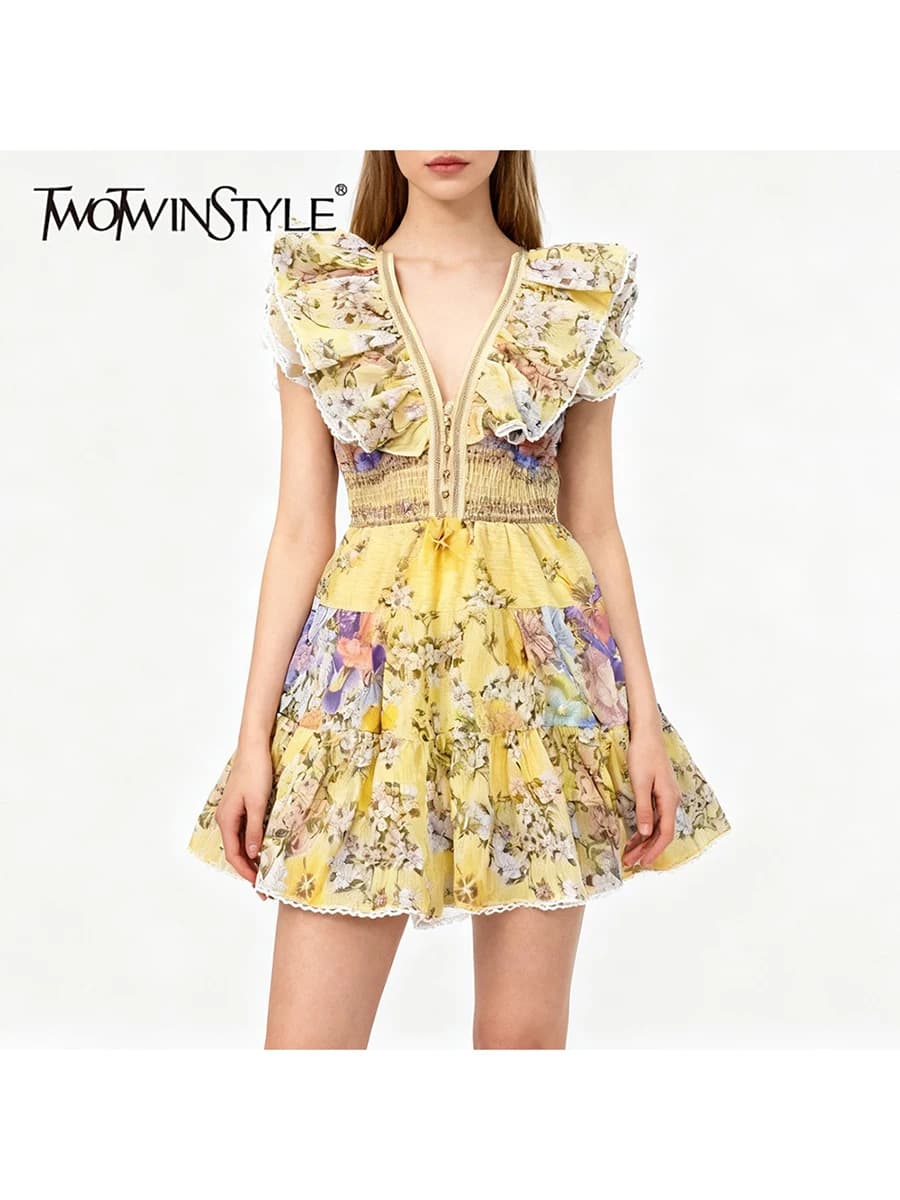 TWOTWINSTYLE minceur impression épissé volants plis robes élégantes pour les femmes col en V sans ma