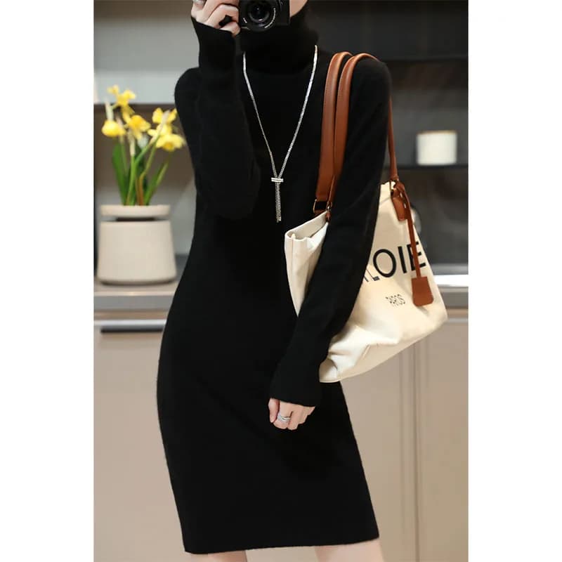 Robe pull en cachemire pour femme, tenue élégante en laine mérinos, col roulé, tricotée, décontracté