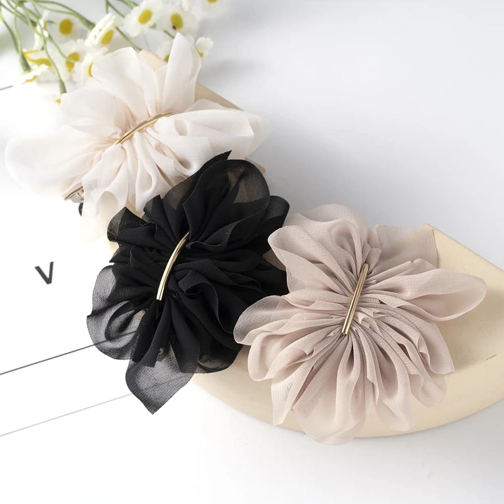 Grand printemps pinces à cheveux femmes métal mousseline de soie fleurs élastique pour queue de chev