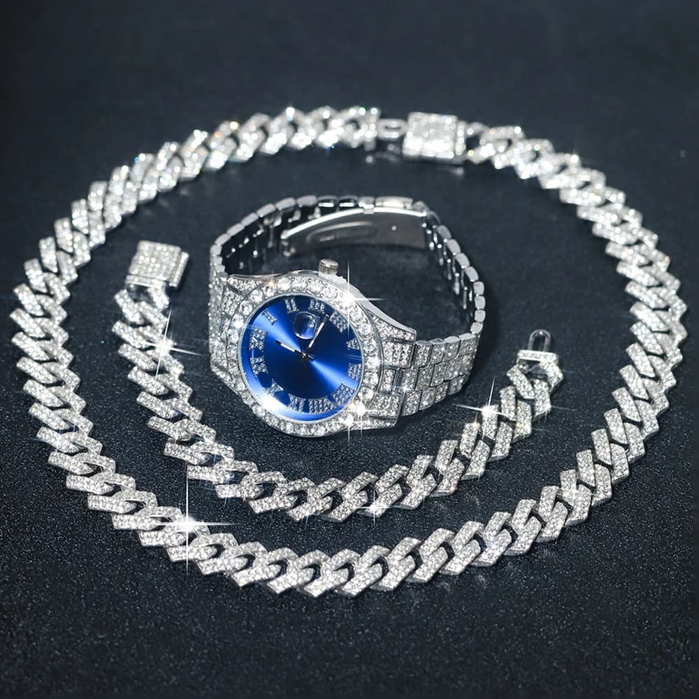 Ensemble de montres en argent pour hommes, 3 pièces, Hip-hop Punk incrusté de diamants + chaîne cuba