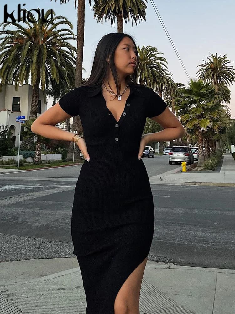 Kliou-Robe Maxi Élégante pour Femme de Bureau, Couleur Unie, Col Rabattu, Manches Courtes, lèvent, F
