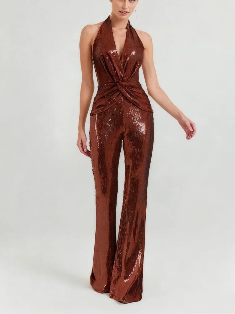 VC-Combinaisons dos nu à paillettes dorées pour femmes, vêtements féminins une pièce, design de luxe