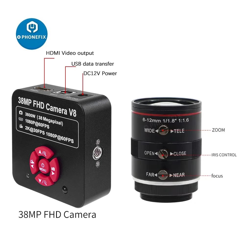 Caméra HDMI 38MP 1080P 3800W HD 60FPS 2K, Webcam à monture C/CS, avec objectif varifocal 6-12mm ou 6