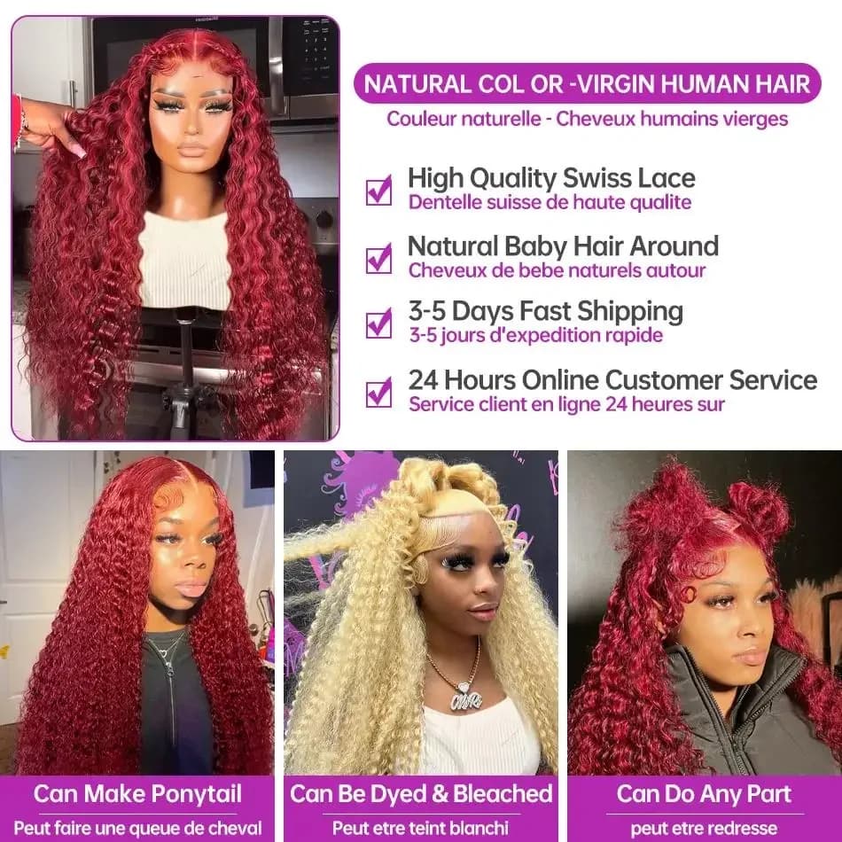 Perruque Deep Wave Lace Frmeds Naturelle pour Femme, Cheveux Bouclés, Bordeaux, HD, Densité 250, 30 