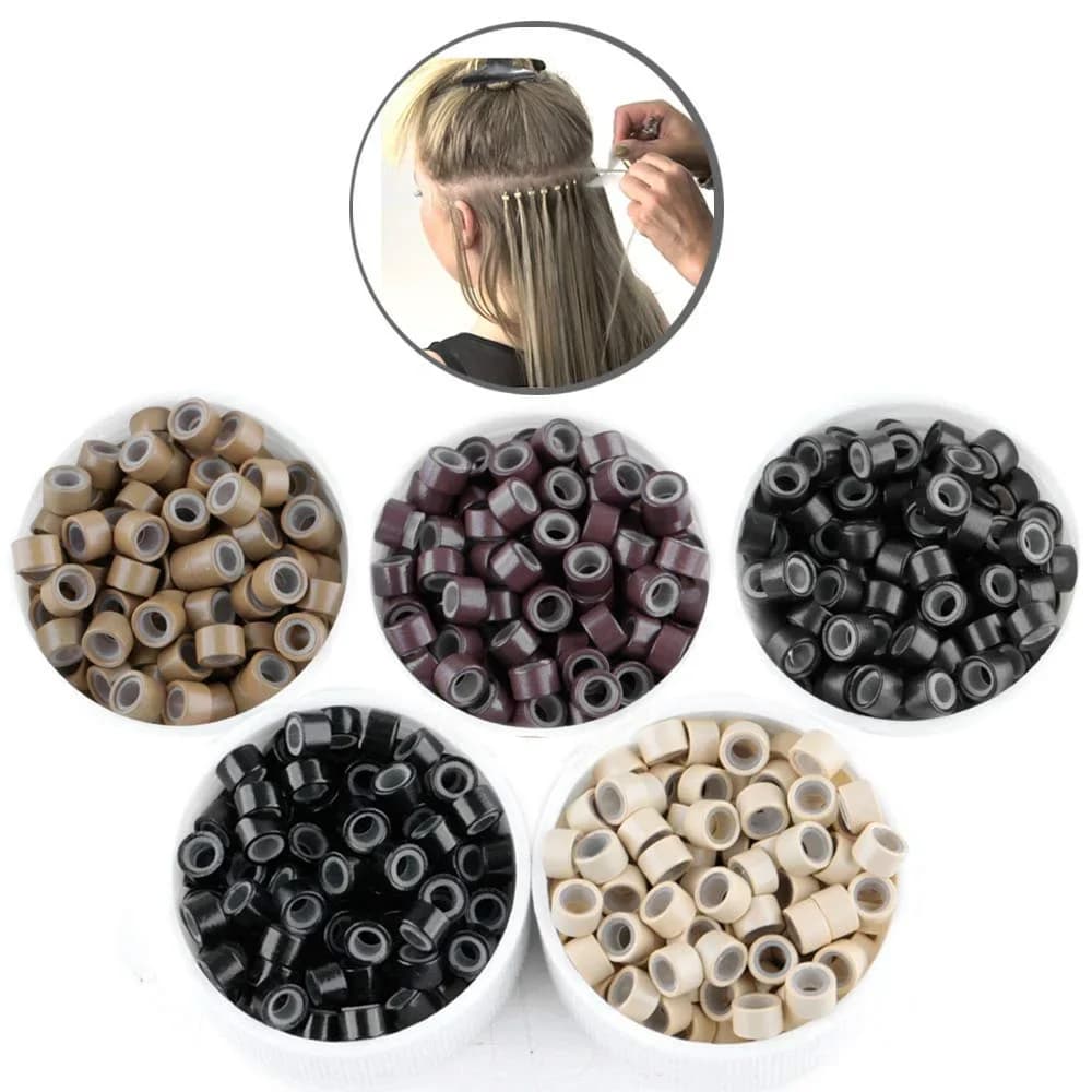 500 pièces Extensions de cheveux Micro anneaux liens perles, 5mm perles doublées de Silicone pour Ex