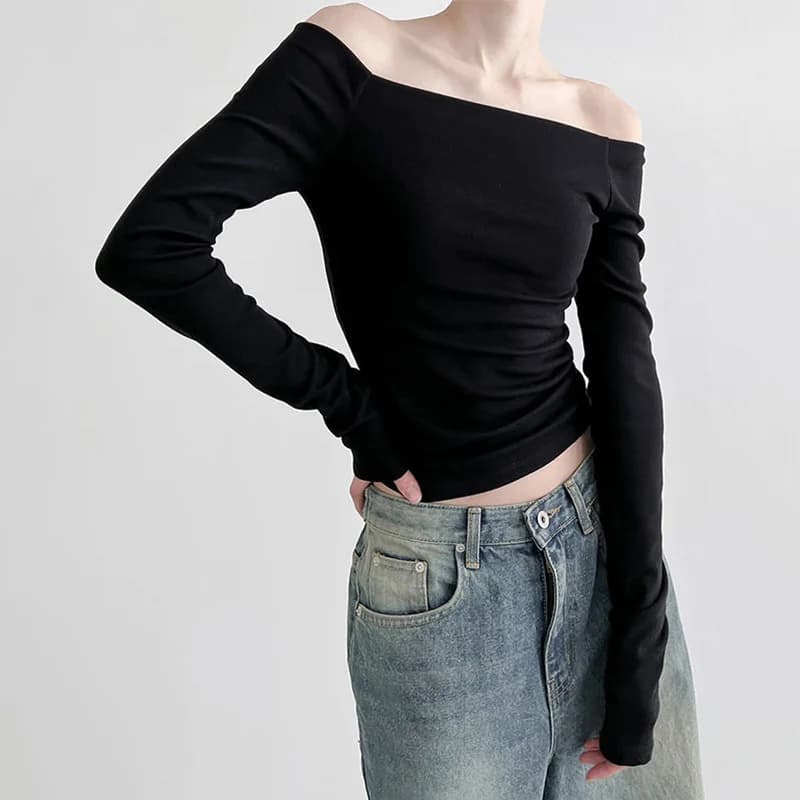 T-shirt court à manches longues pour femmes, noir, monochromatique, col slash, élégant, mode coréenn