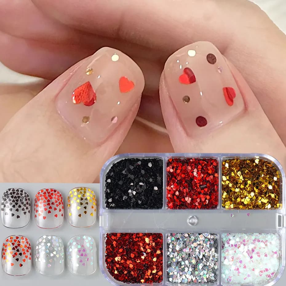 6 grilles Y2K mignon coeur paillettes ongles paillettes Kawaii Mini Laser doré argenté amour flocon 