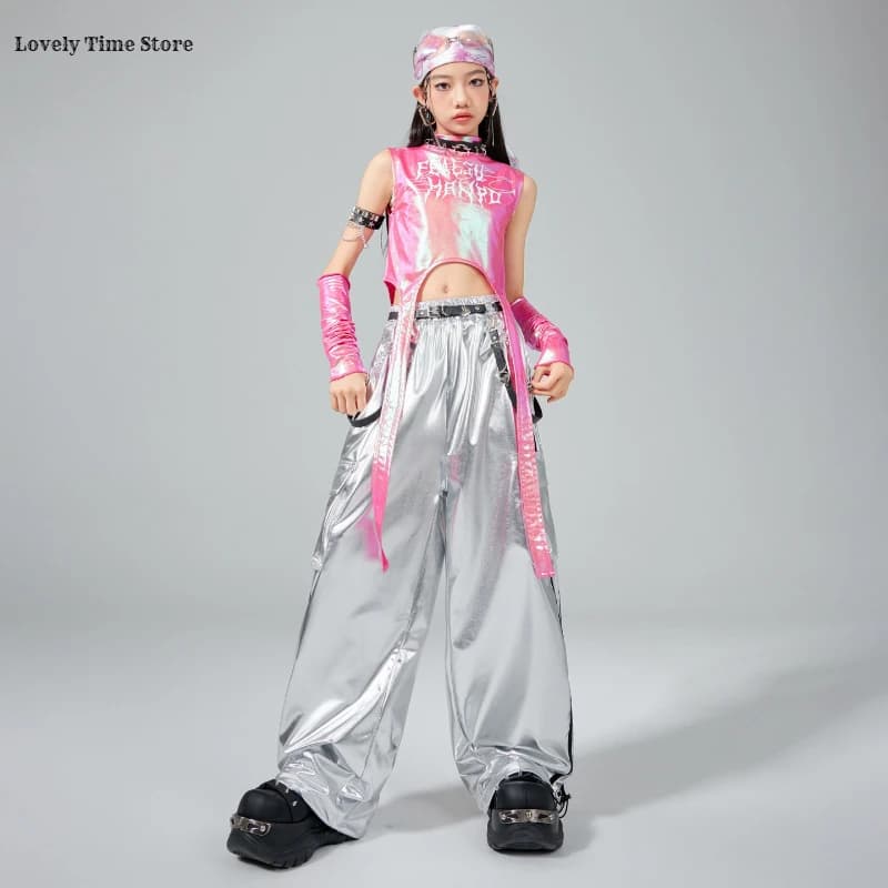Hip Hop filles doux brillant haut court argent Cargo pantalon enfants k-pop Jazz danse vêtements ens