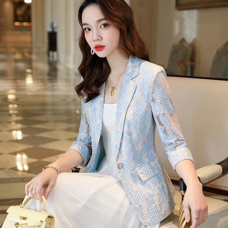 Blazer en dentelle mince pour femme, petite veste trempée, blazer évidé mince pour femme, bouton uni