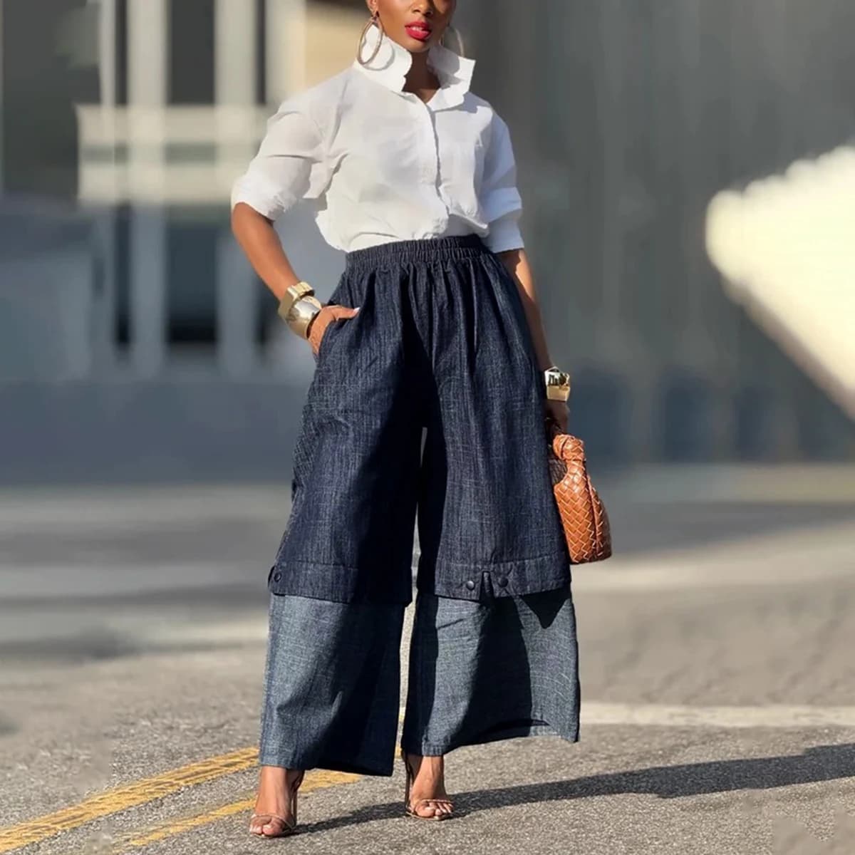UOOZEE urbain femme Streetwear couches Denim pantalon à jambes larges ample élastique taille haute p