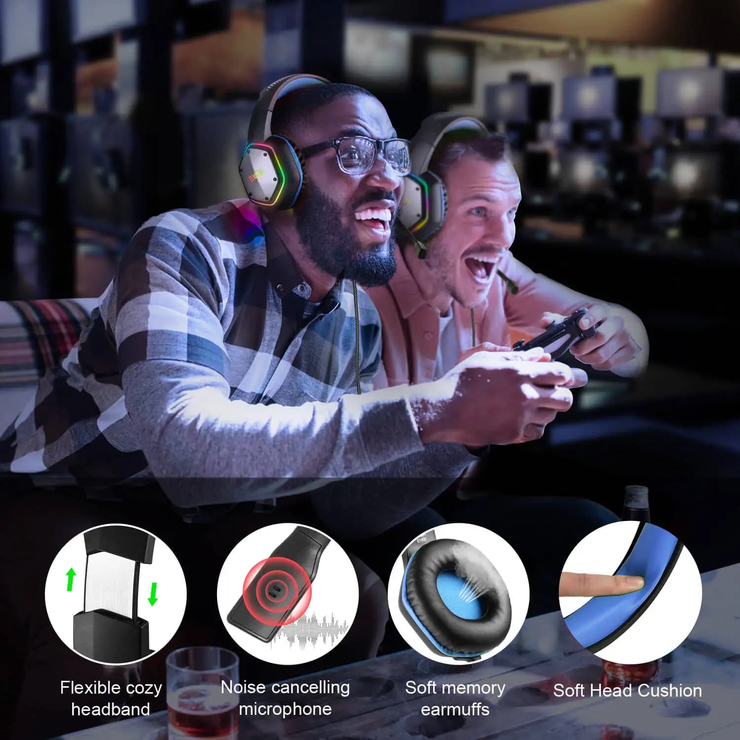 EKSA E1000 casque de jeu pour PC/PS4/PS5 7.1 Surround RGB casque de jeu Gamer USB casque filaire ave
