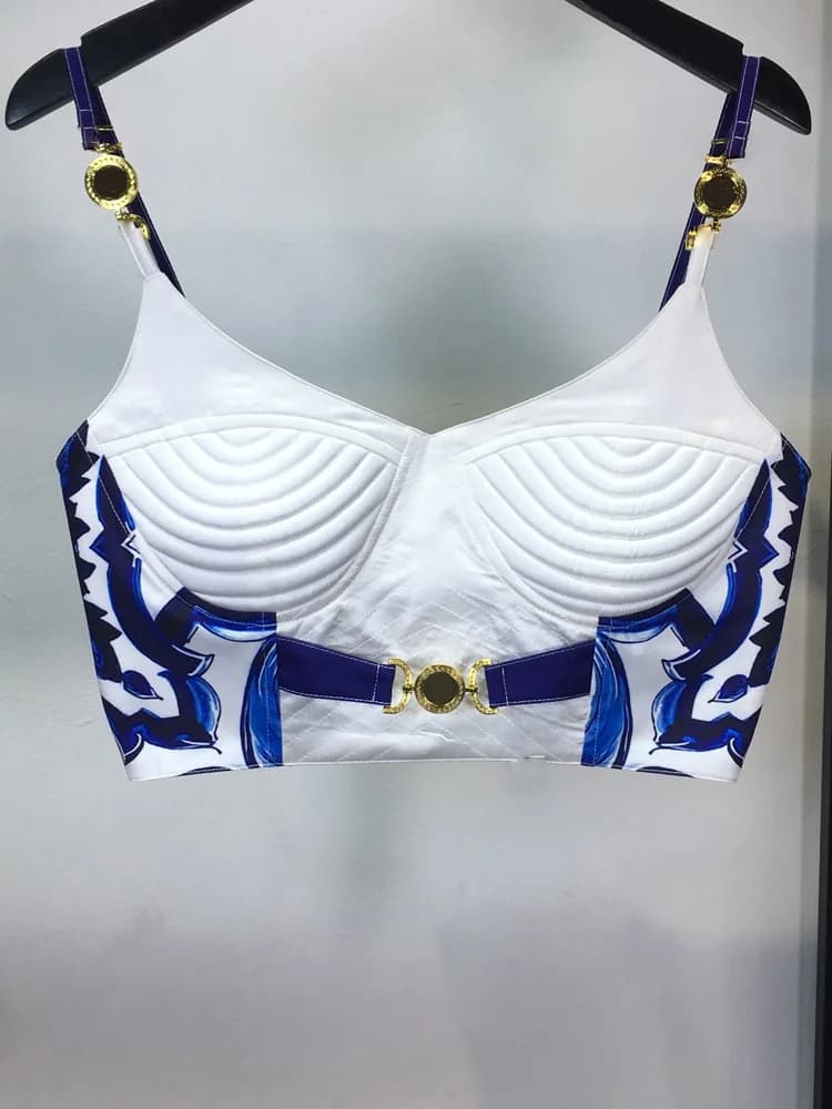 Ensemble d'été bohème en porcelaine bleue et blanche pour femme, bretelles spaghetti, tasse rembourr