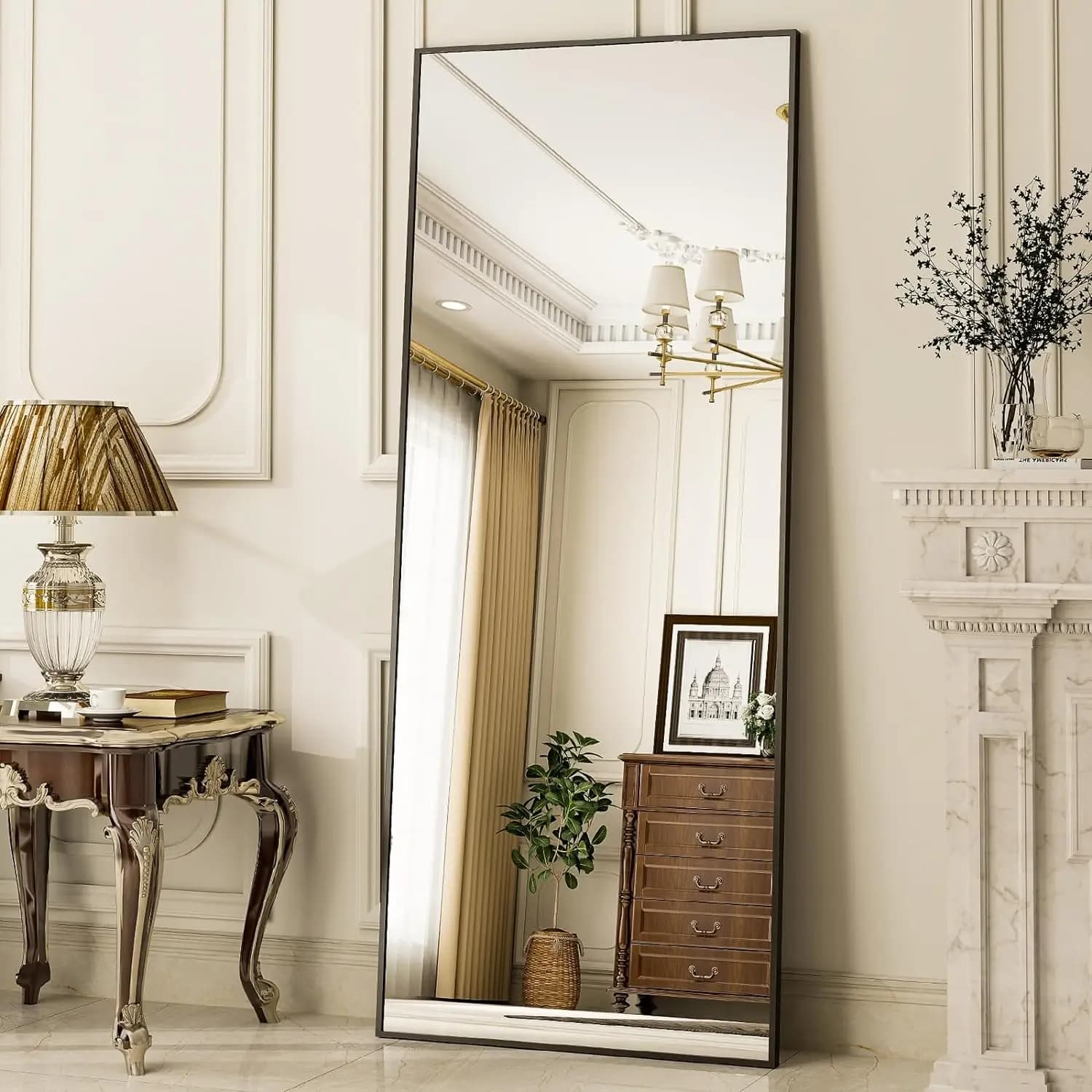 Miroir de sol Miroir pleine longueur - Rectangle 21" x 64", cadre en aluminium mural autoportant et 