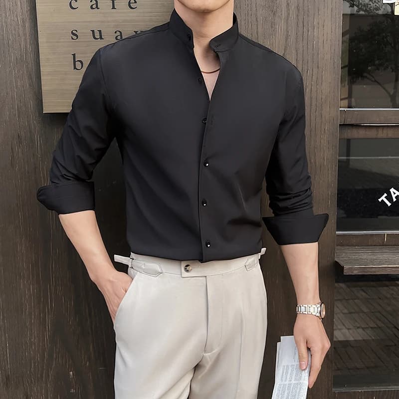 Chemise à col montant pour hommes, nouveau Style chinois, haut de gamme, manches longues, élastique,
