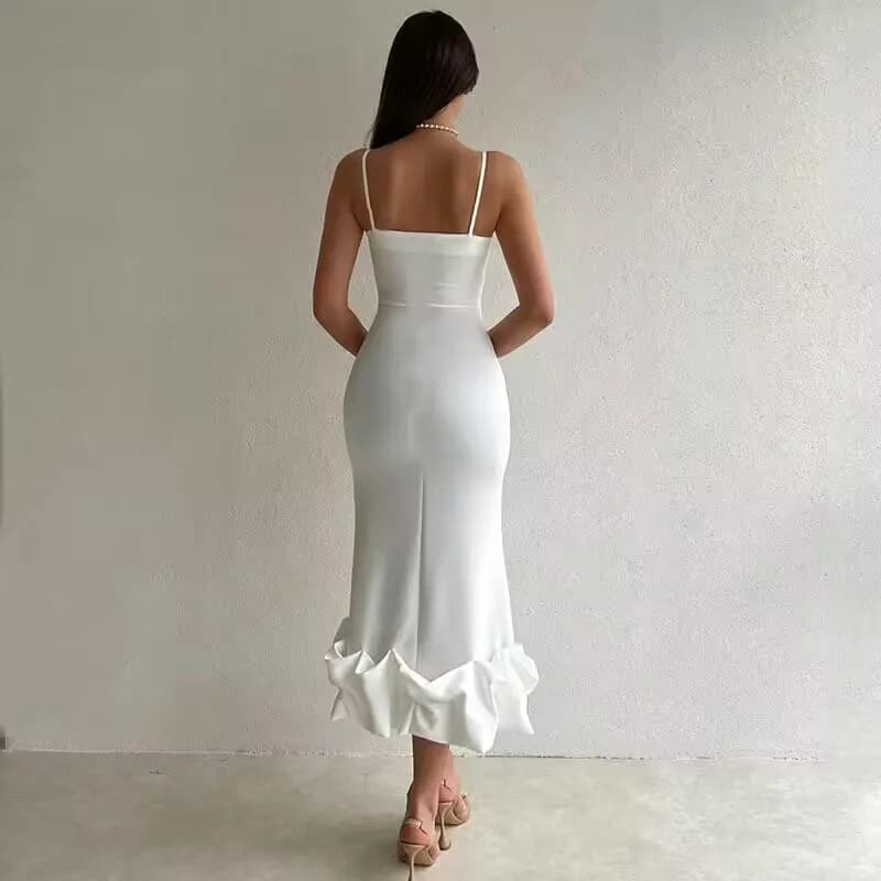 Robe mi-longue Sexy sans manches, dos nu, mode d'été, moulante, élégante, à volants, pour fête d'ann