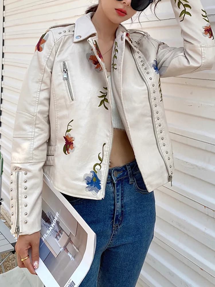 Ailegogo femmes Vintage Floral imprimé brodé Court Noir pu similicuir veste printemps automne femmes