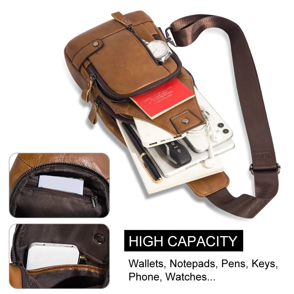 HUMERPAUL-Sac de poitrine USB pour homme, 100% cuir véritable, sacs à bandoulière initiés, sac de me