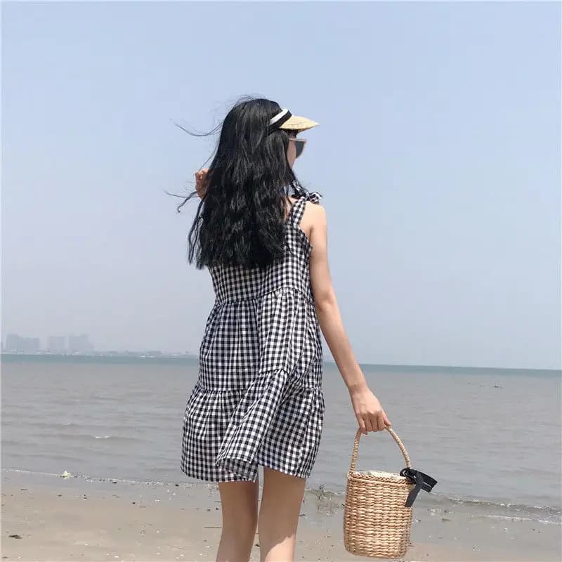 Robe à carreaux en fibre pour femmes, ceinture, design tout-assressenti, ligne A, robes de plage, mo