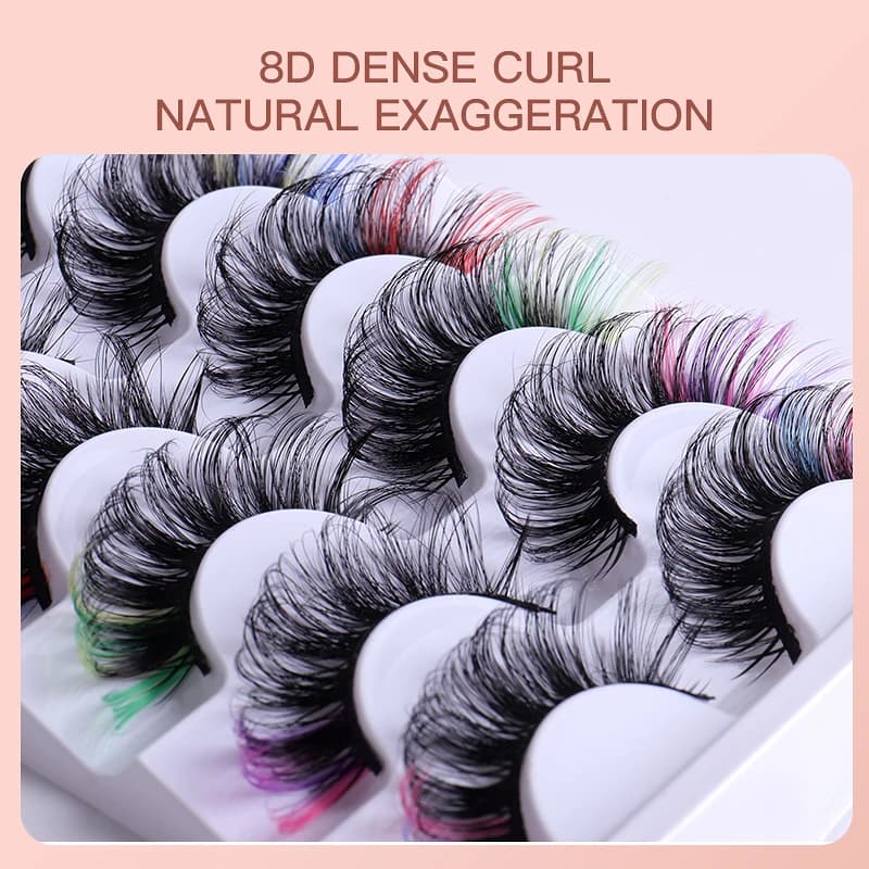 7 paires de cils colorés moelleux Faux cils de vison avec couleur, Volume de boucle D dramatique Lon