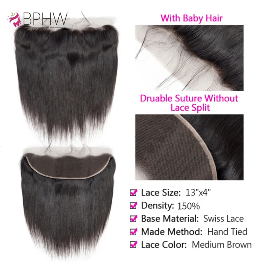 Cheveux Humains Lisses 3 Paquets avec Fermeture Frontale en Dentelle HD Transparente 13x4 4x4, Paque