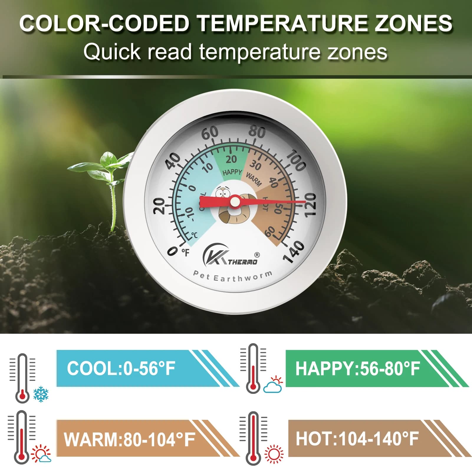 Thermomètre de sol pour compost et jardin – Sans batterie, sonde en acier inoxydable, cadran de 8 po